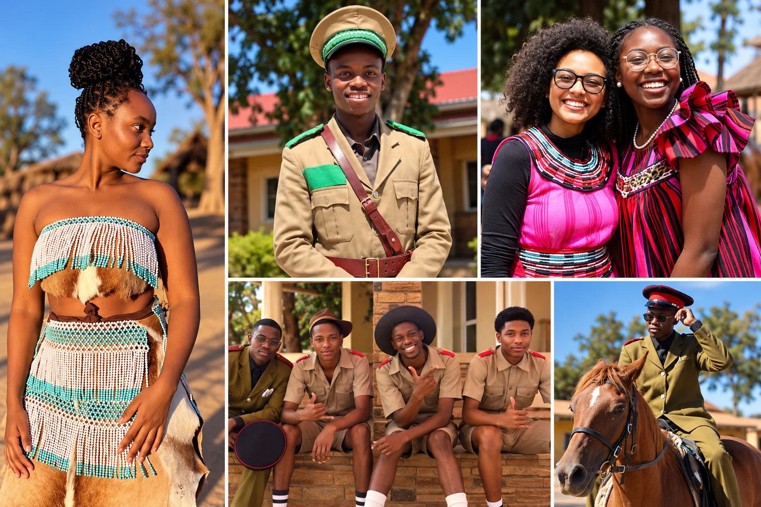 Collage of clothing, portraits and horse riding