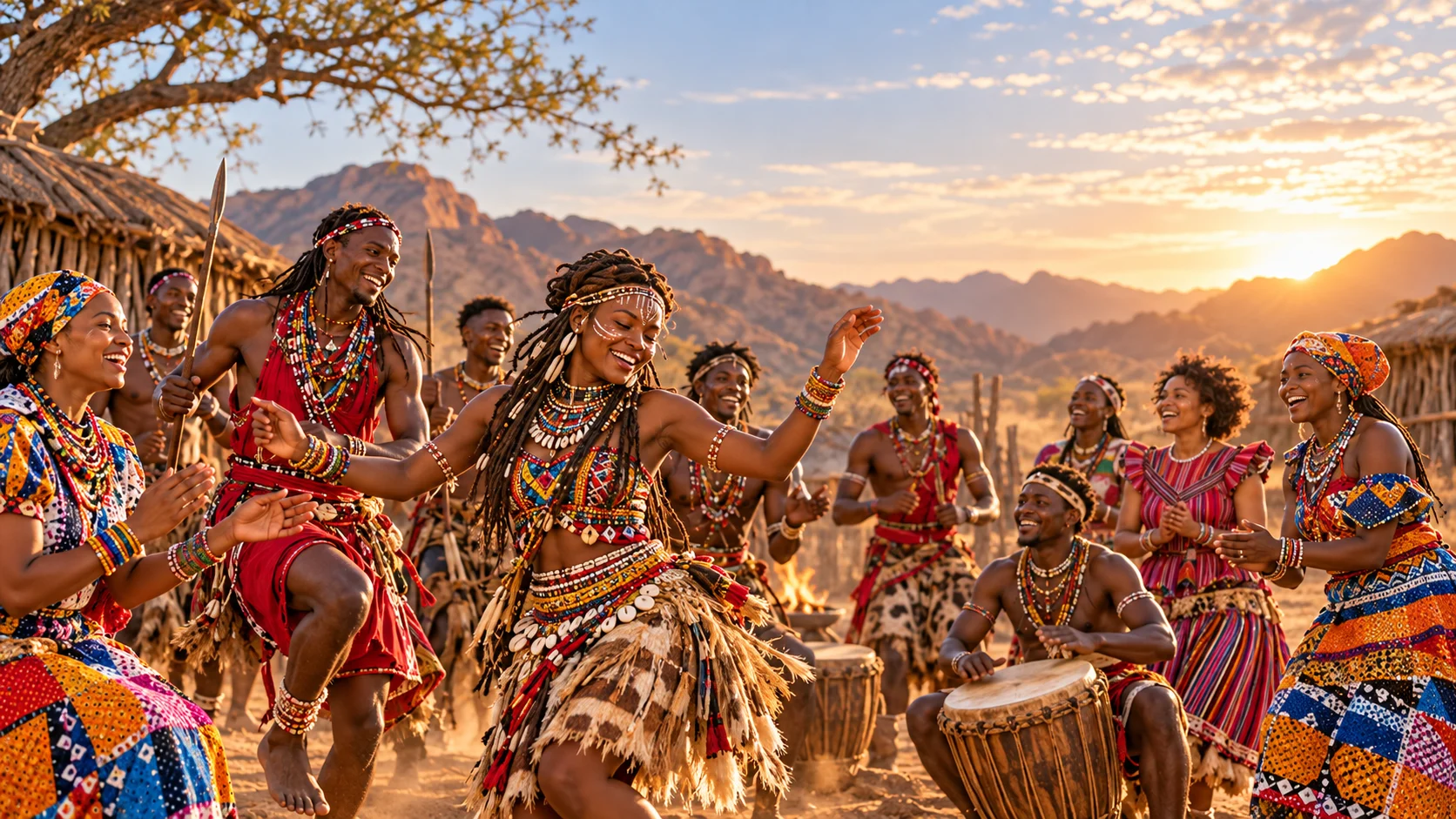 Illustrative scene of music and dance at sunset