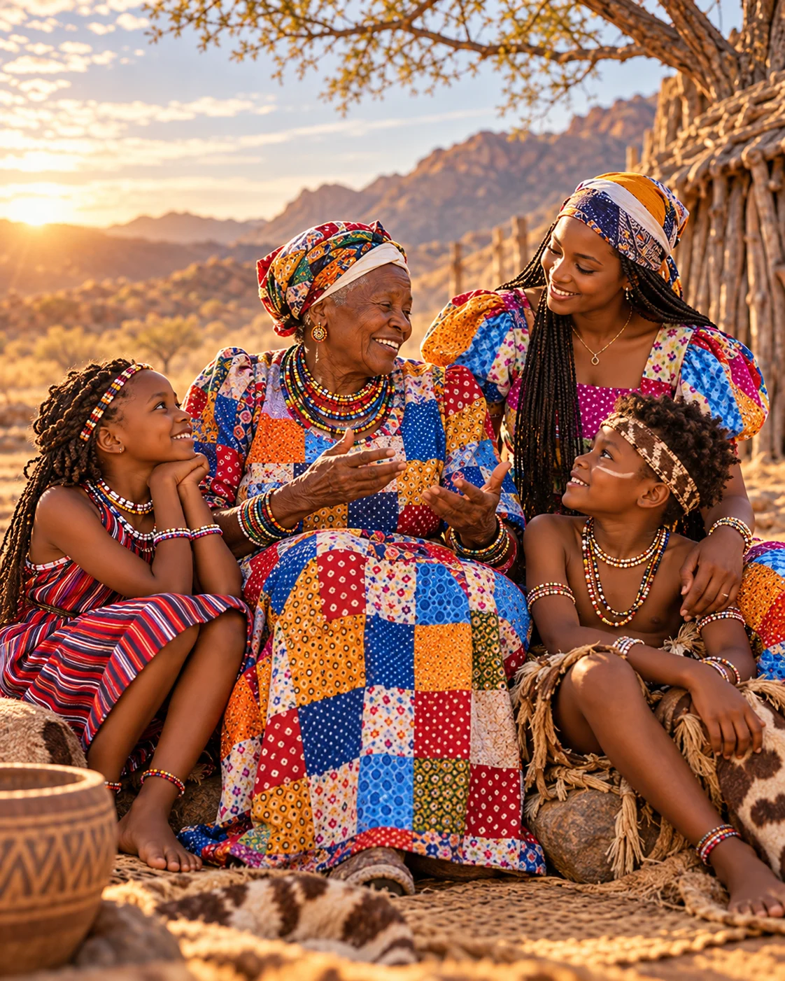 Illustrative scene of an elder and children sharing stories