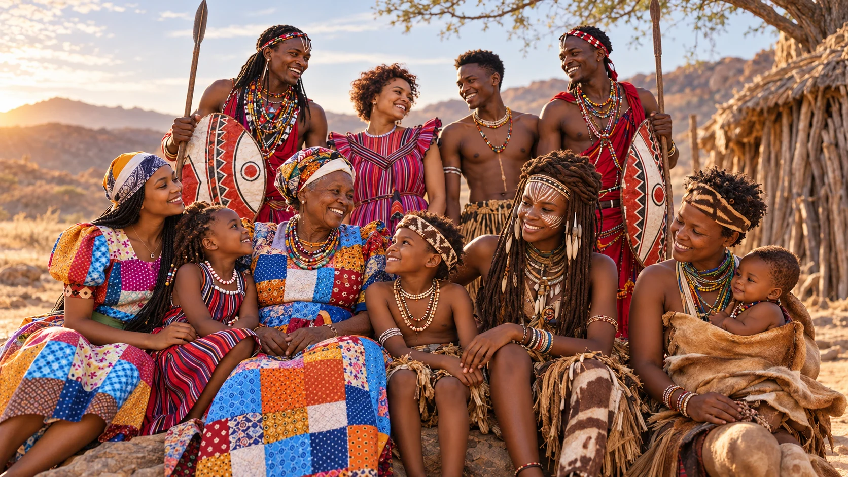 Illustrative gathering of adults and children at sunset